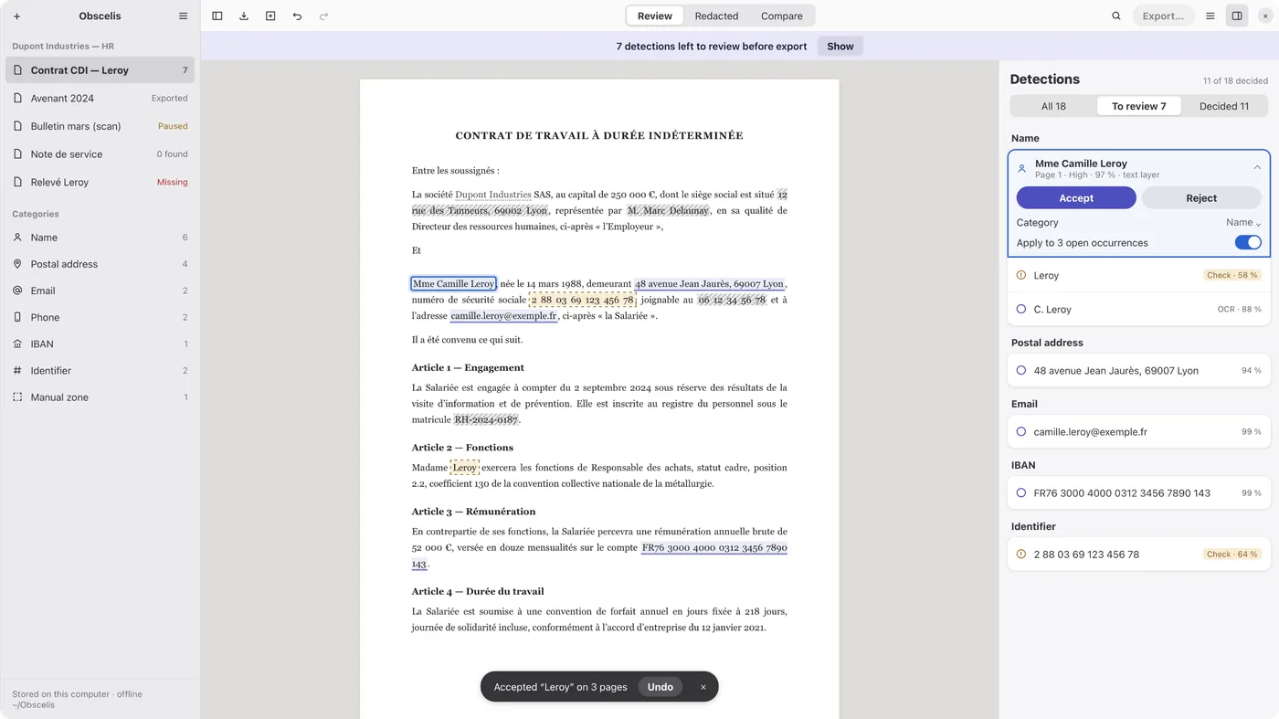 Obscelis on Linux: the same review in a GNOME window built with GTK 4 and libadwaita, with a toast confirming a decision.