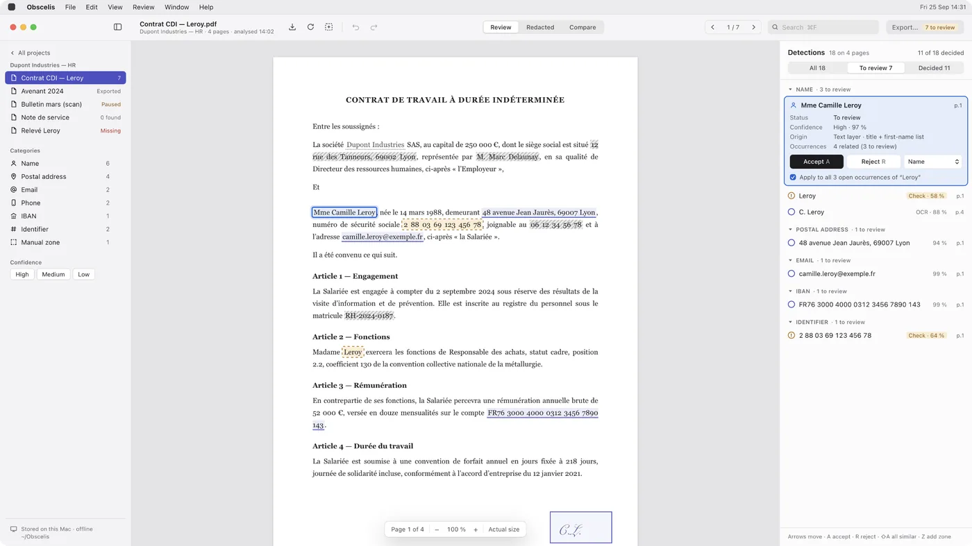Obscelis sur macOS : un contrat en cours de revue, avec les noms, adresses et identifiants détectés marqués sur la page et listés dans l'inspecteur.