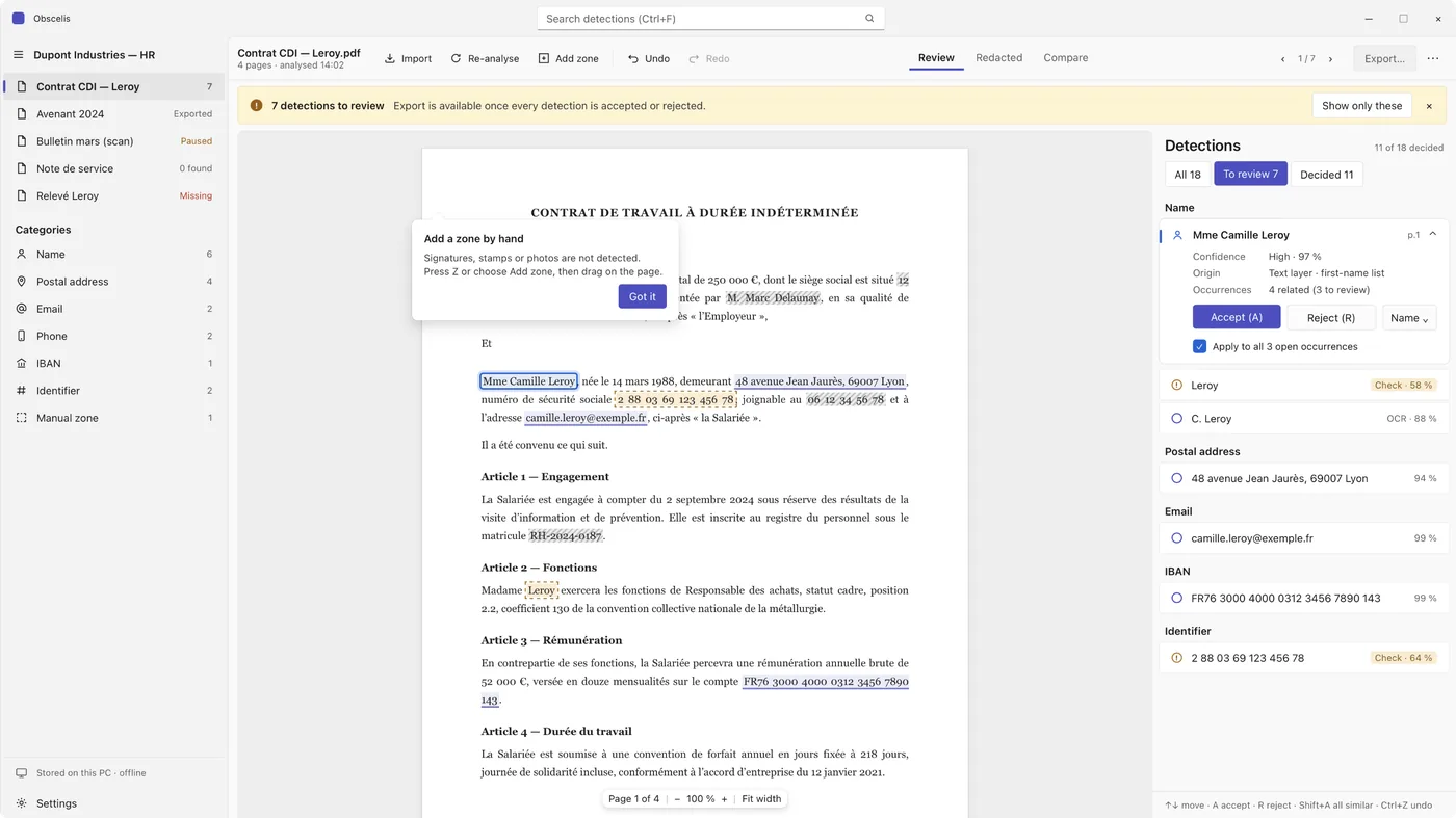 Obscelis on Windows: the same review in a WinUI 3 window, with a banner saying seven detections remain to review before export.
